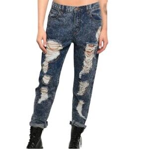 EUC Black women's Acid washed Destroyed distressed skinny flex Jeans 32, blue